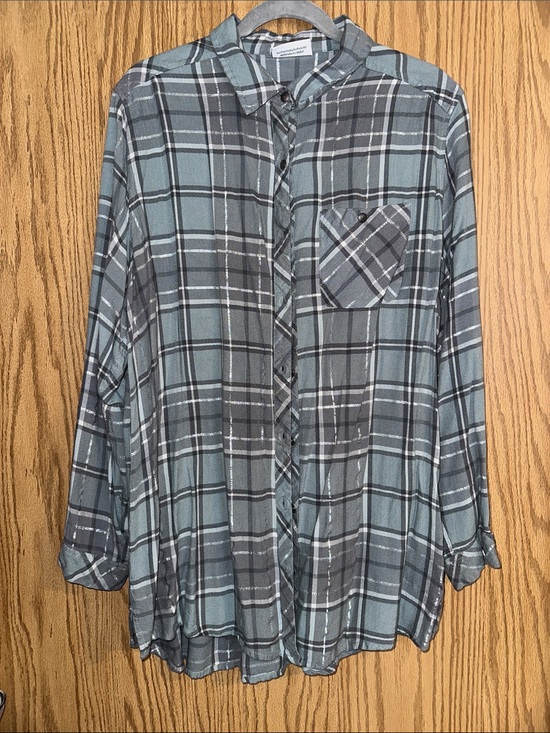 Gina Benotti Tops - Women's Soft Grey/Blue Plaid Button-Down Shirt